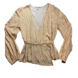 Old Navy Womens Floral Wrap Top Orange Yellow Long Balloon Sleeve V-Neck Size M